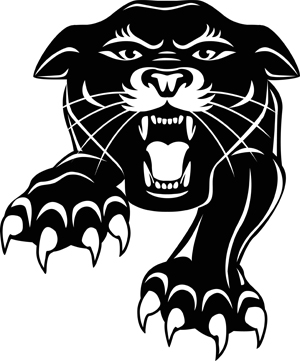 Black and white graphics of a Panther jumping from the front.