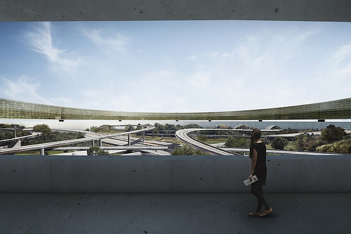 Graphics of the view from a building down onto the future green areas between the Interstate 710 and Interstate 105 city freeways.