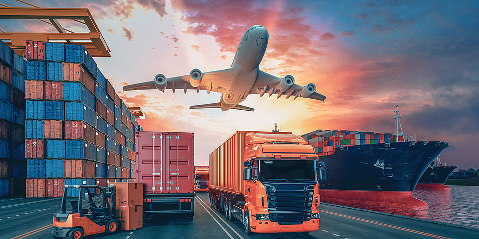 Cargo containers, a Hustapler, an airplane, two trucks and a ship.