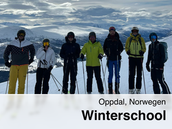Eine verschneite Landschaft in Norwegen mit einer Gruppe von Menschen auf Skiern im Vordergrund.