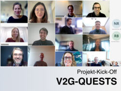 Eine Gruppe von 15 Personen nimmt an einem virtuellen Meeting zum „Projekt-Kick-Off V2G-QUESTS“ teil. Auf dem Bildschirm wird ein Raster einzelner Videofeeds angezeigt.