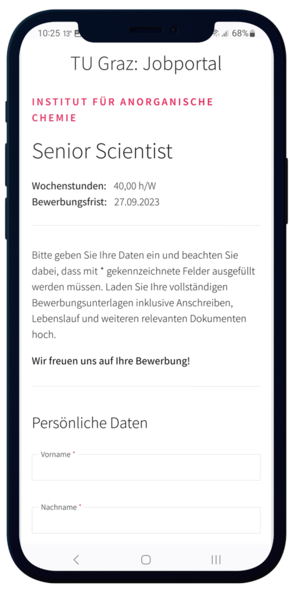 Ein Bild eines Smartphone Bildschirms, worauf eine Stellenausschreibung für einen "Senior Scientist" aus dem Jobportal von ePas+ zu sehen ist. 