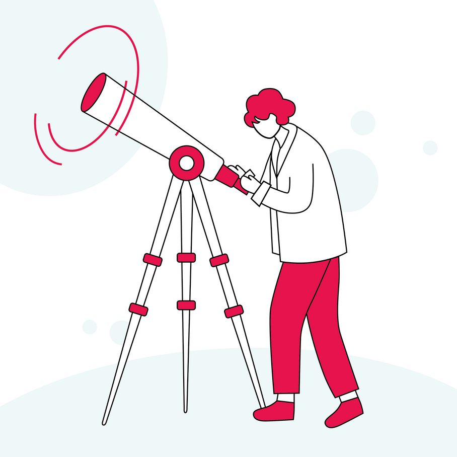 A drawn woman looks through a telescope. 