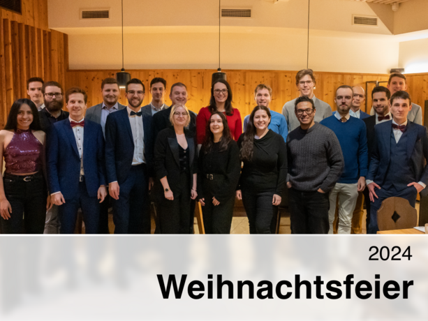 Gruppenfoto der IEE Weihnachtsfeier 2024 mit mehreren Personen, die festlich gekleidet sind, in einem gemütlichen Raum mit Holzwänden.