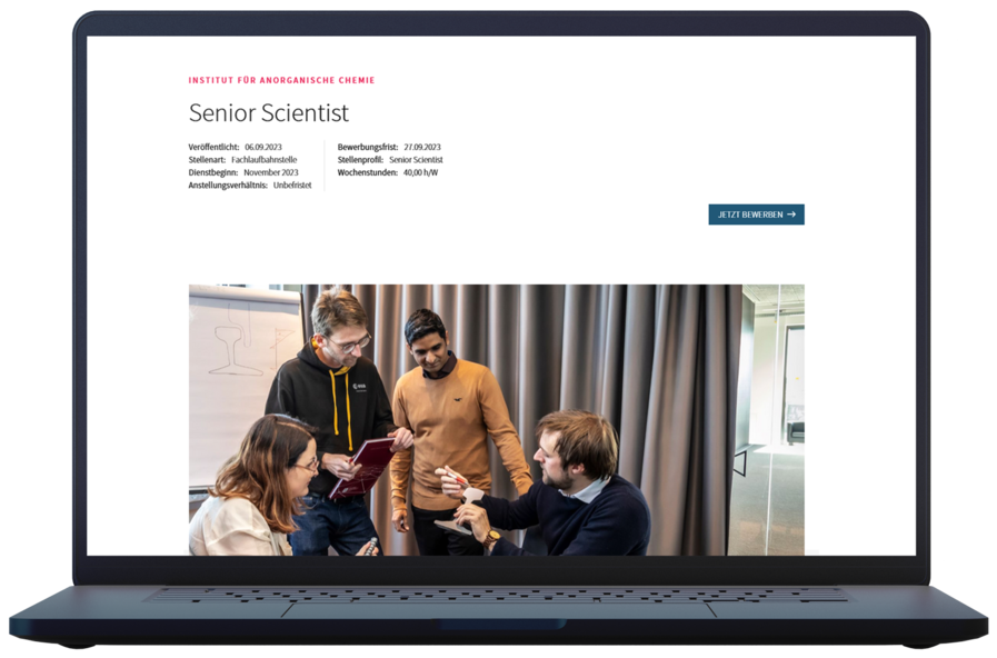 Ein Bild eines Laptop Bildschirms, worauf eine detaillierte Stellenausschreibung für einen "Senior Scientist" aus dem Jobportal von ePas+ zu sehen ist. 