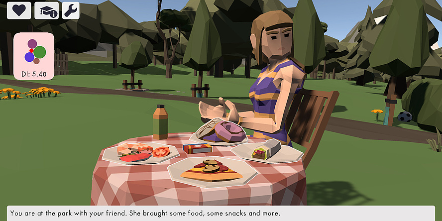 A picture from a computer game. A woman is sitting in a park at a table with a chequered tablecloth and various meals on it.