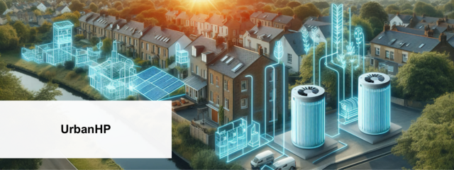 The image shows a connected city with terraced houses and modern energy systems such as wind turbines, solar panels, and batteries, digitally visualized. It symbolizes a sustainable energy economy in both urban and rural areas.