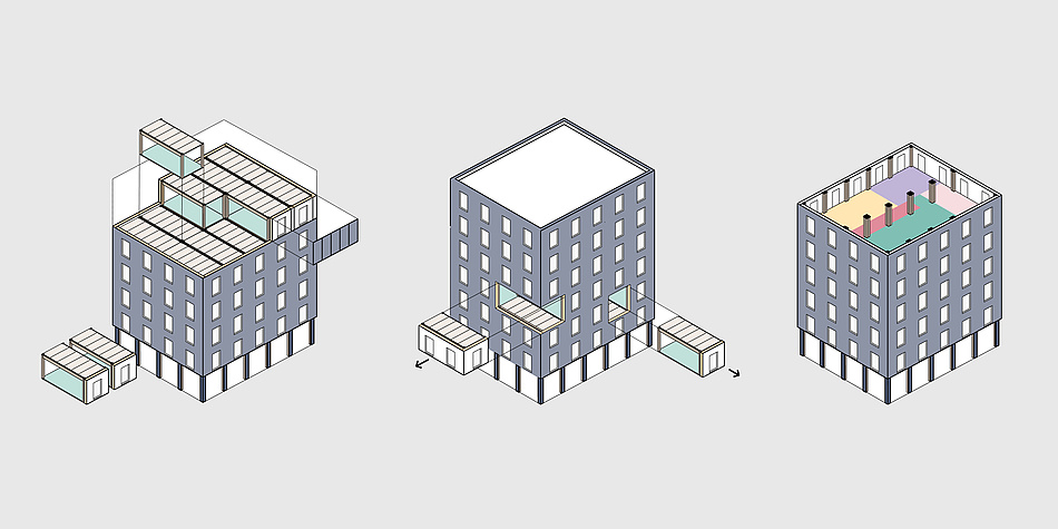 Three juxtaposed computer graphics of a high-rise building assembled from modules.