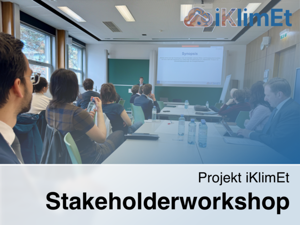 A group of people are seated in a classroom-style setting, watching a presentation displayed on a screen. The text "Projekt iKlimEt Stakeholderworkshop" appears at the bottom.