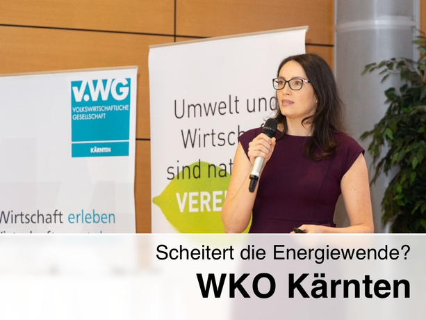 Sonja Wogrin with a microphone gives a presentation in front of banners from the Volkswirtschaftliche Gesellschaft Kärnten and an environmental message. The title "Scheitert die Energiewende? WKO Kärnten" is visible in the foreground.