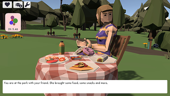 A picture from a computer game. A woman is sitting in a park at a table with a chequered tablecloth and various meals on it.