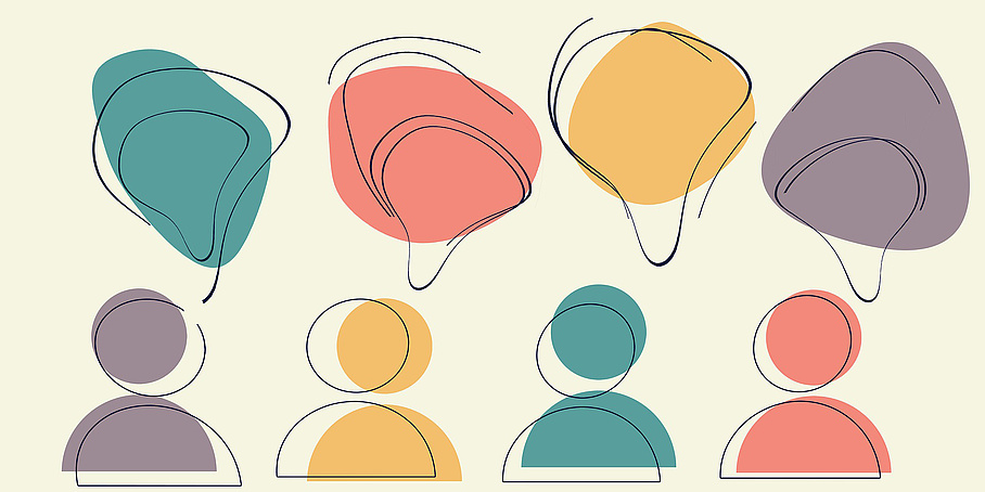 Four abstractly depicted people with speech bubbles in different colours