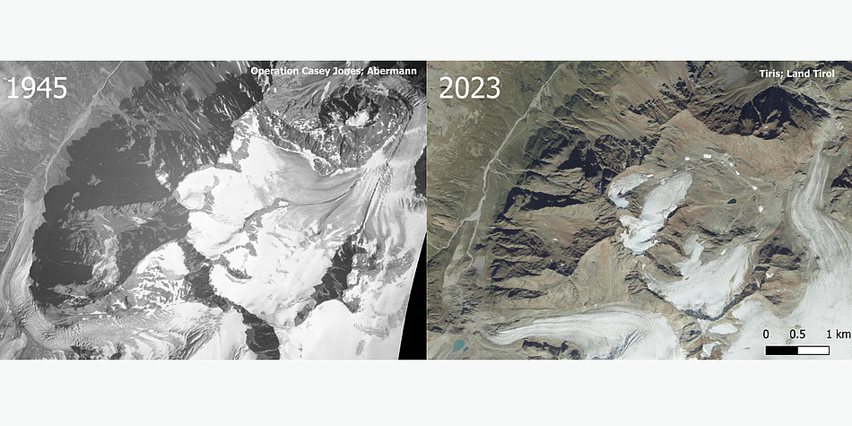 Aerial photo of a glacier in the mountains.