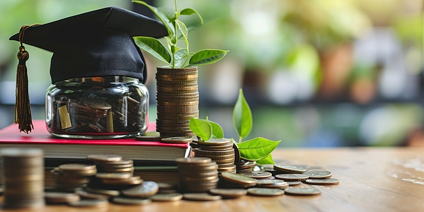 Academic hat is placed over a glass container with coins standing on a book, surrounded by coins, some of which have green plant shoots growing out of them.