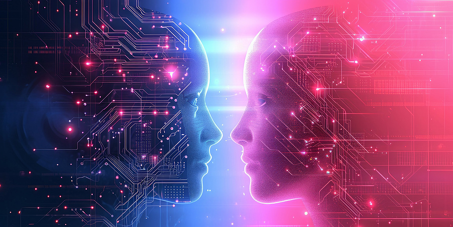 Two artificial, female heads with computer components facing each other, ranging from blue to purple to pink