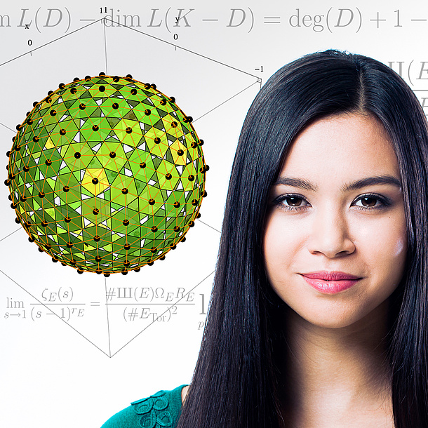 Portrait of a female student. Next to it you can see a polyhedron, in the background you can see mathematical formulas.