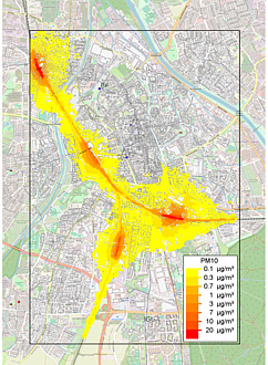 Die Karte der Stadt Augsburg mit Markierungen und rot und gelb, die zeigen, wo wie viele Emissionen von Zugabrieben entstehen.