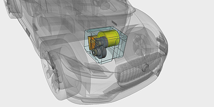 In dem Motorraum eines Autos ist ein schematisch dargestellter Antriebsstrang zu sehen.