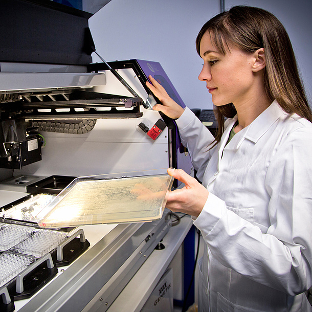 Eine junge Frau im Labor bei mikrobiologischen Untersuchungen.