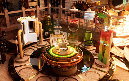 Screenshot eines virtuellen Raumes mit zahlreichen Anzeigen und einem Gebäude in der Mitte.