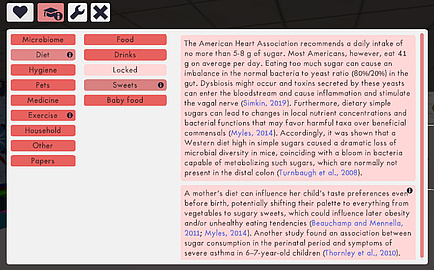 A picture from a computer game. On the left are several menu items, on the right is a long explanatory text.