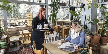 Innenansicht des Café KORK Holztischen, Sesseln aus Holz, modernen Hängelampen und vielen stehenden und hängenden Grünpflanzen.