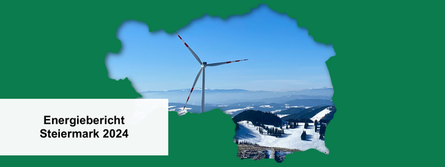 Eine Illustration der Silhouette der Steiermark mit einer Windkraftanlage vor einer verschneiten Berglandschaft im Hintergrund. Im Vordergrund steht der Text 'Energiebericht Steiermark 2024' auf einem weißen Rechteck vor einem grünen Hintergrund.