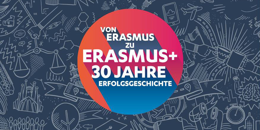 Orange, pink and blue Erasmus anniversary logo with white lettering against a grey background with white graffiti.