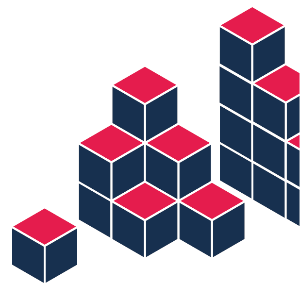 Graphic with cubes with blue and red faces, single cube and stacked cubes